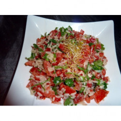 Salade Andalouse : tomates, poivron ou piments, riz, ail, oignons, persils, Vinaigrette.