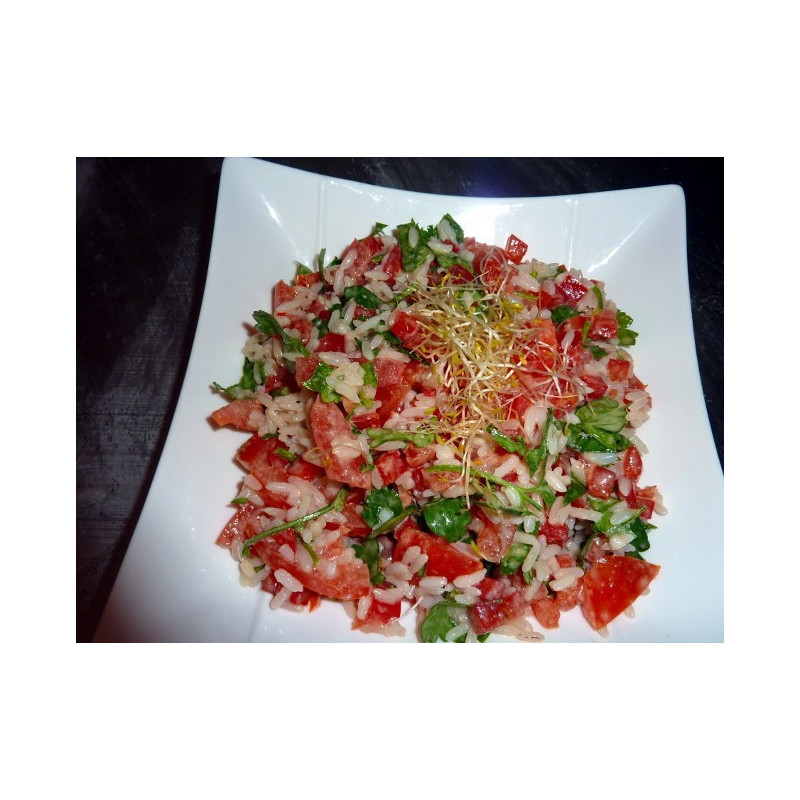 Salade Andalouse : tomates, poivron ou piments, riz, ail, oignons, persils, Vinaigrette.